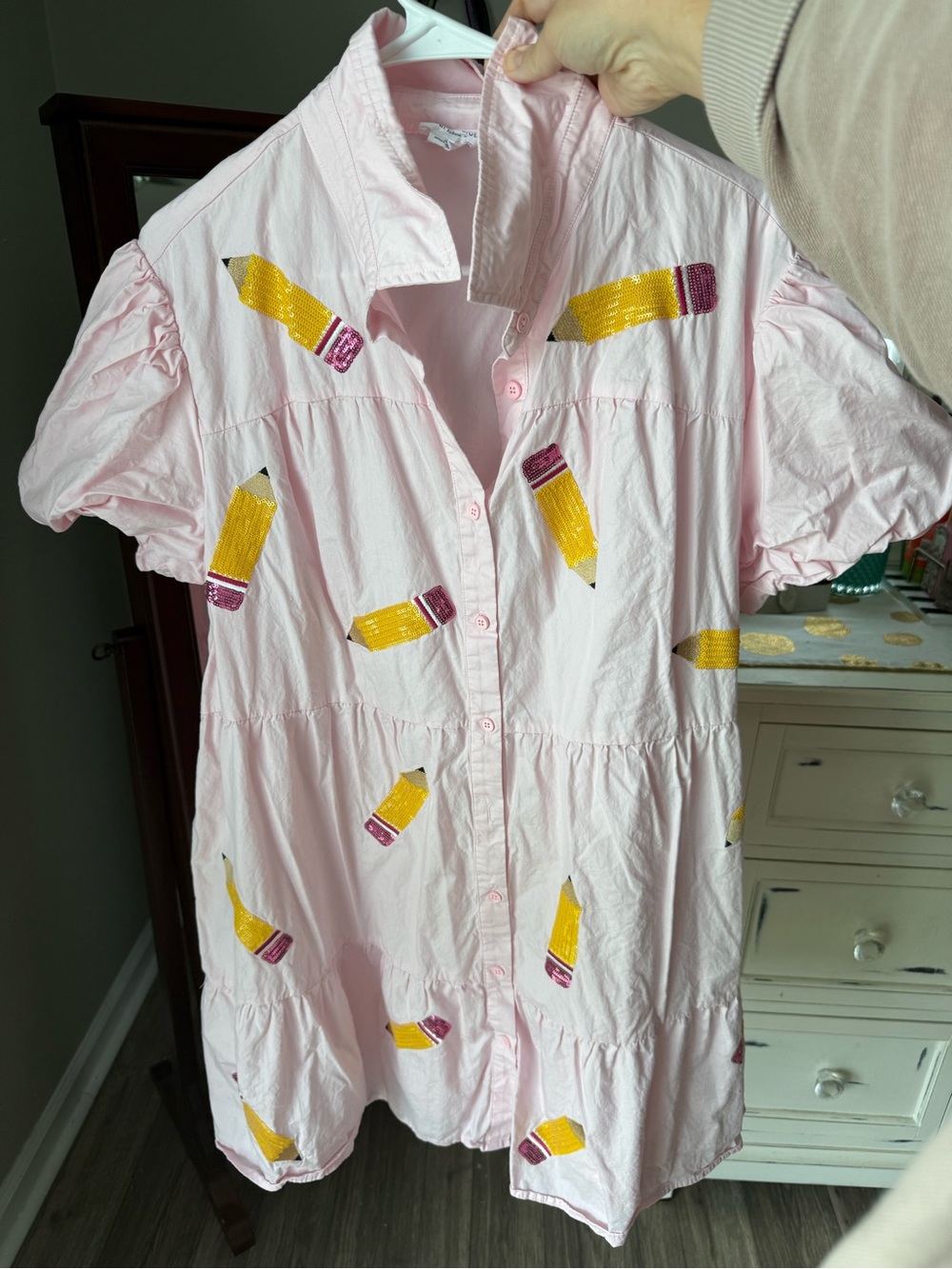 Pink Button-Up Dress with Yellow Pencil sequins teacher dress
